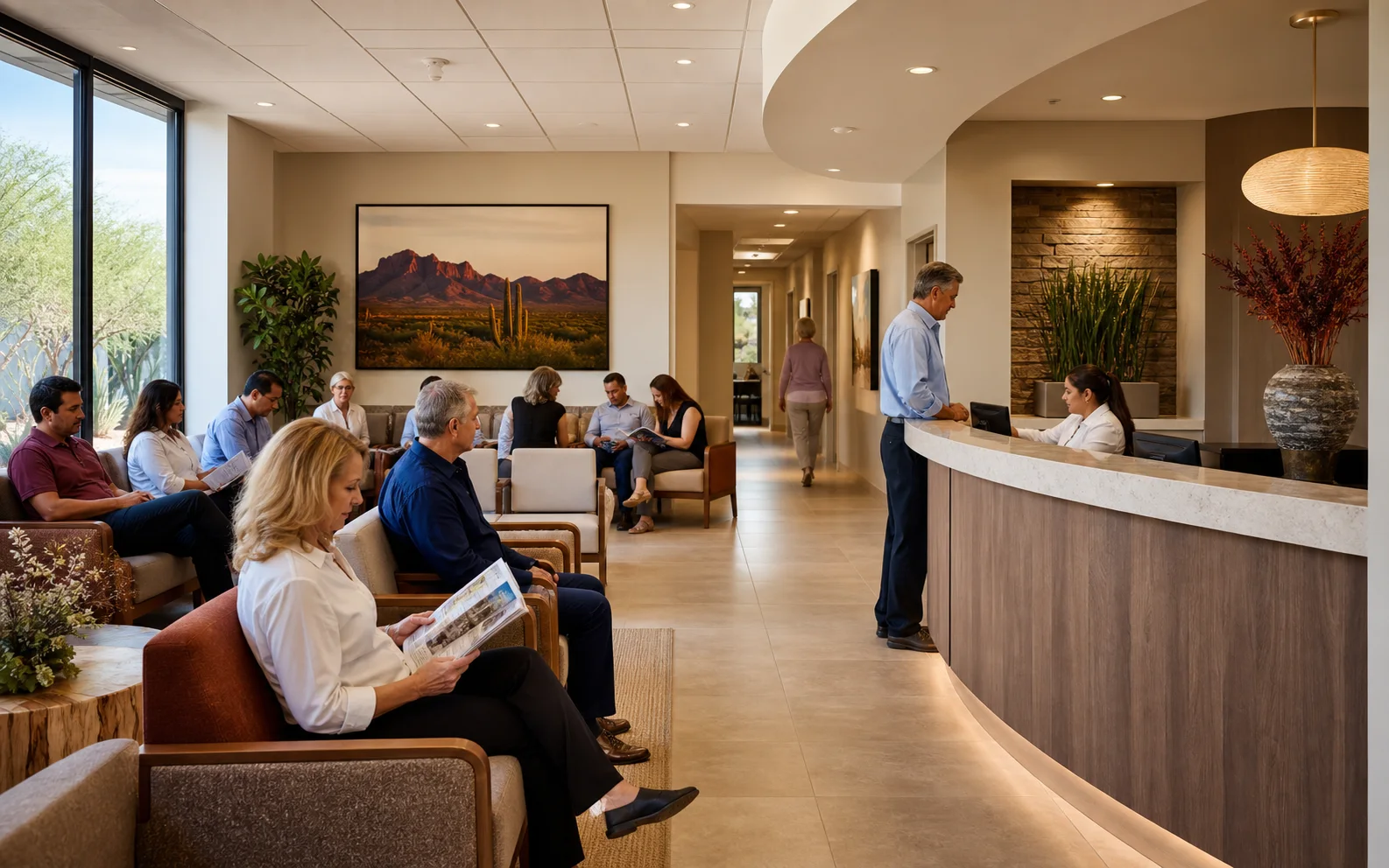 A busy, upscale medical office reception and waiting room with patients