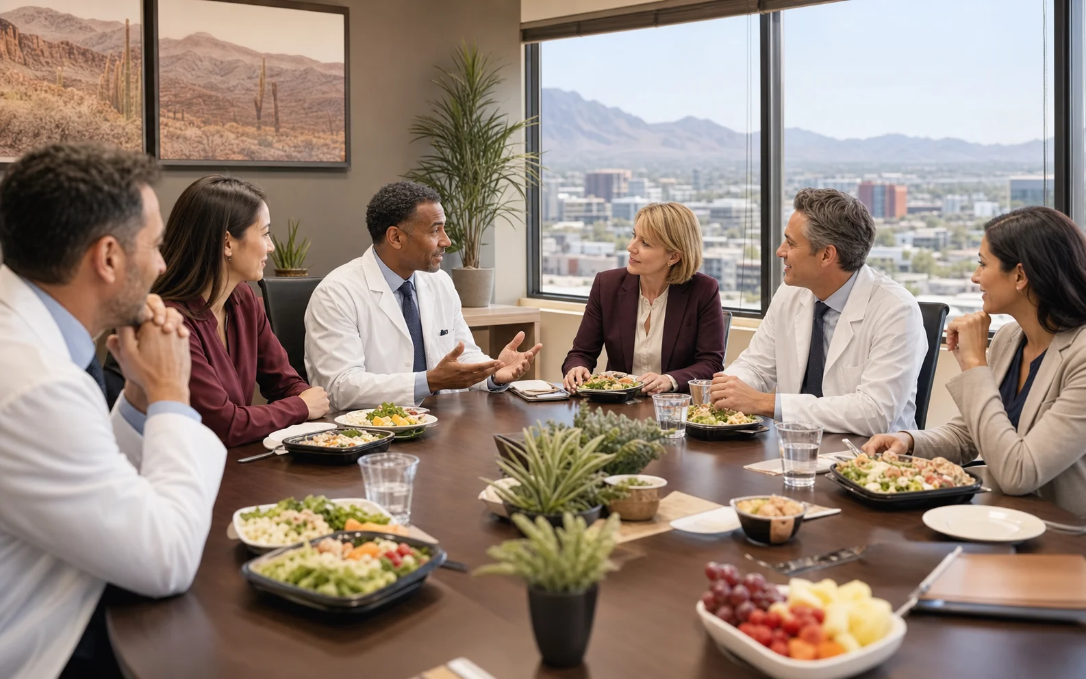 Medical providers talking over a catered conference-room lunch
